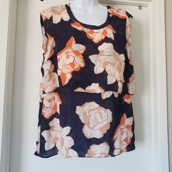 cabi Blouse Top Size M Chiffon Layer Bright Bold Floral Cap Sleeve Keyhole Back - Picture 1 of 7